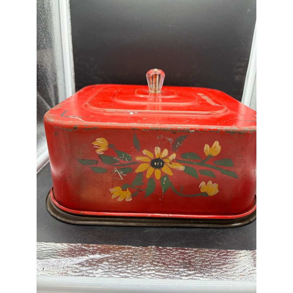 Vintage Red Metal Cake Carrier Square Tin Floral Hand Painted Glass Knob Rustic